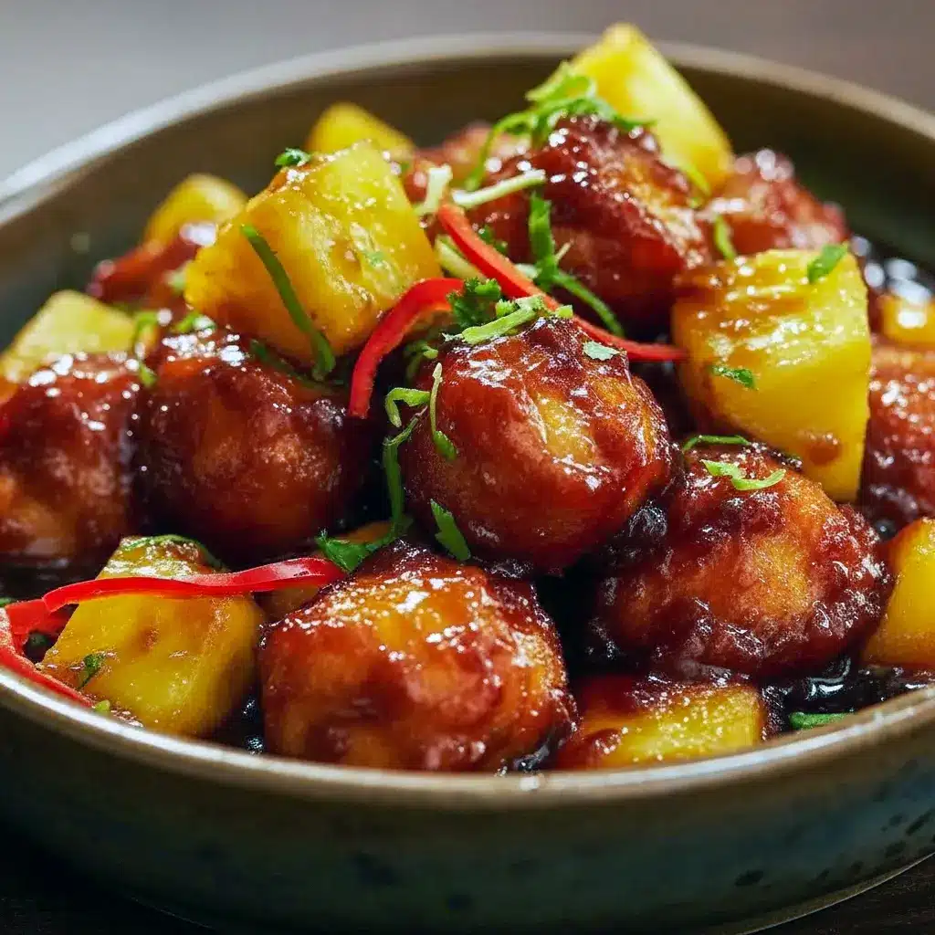 Plate of Pineapple Chicken glazed with brown-sugar sauce and pineapple chunks, garnished with green onions and served over rice.