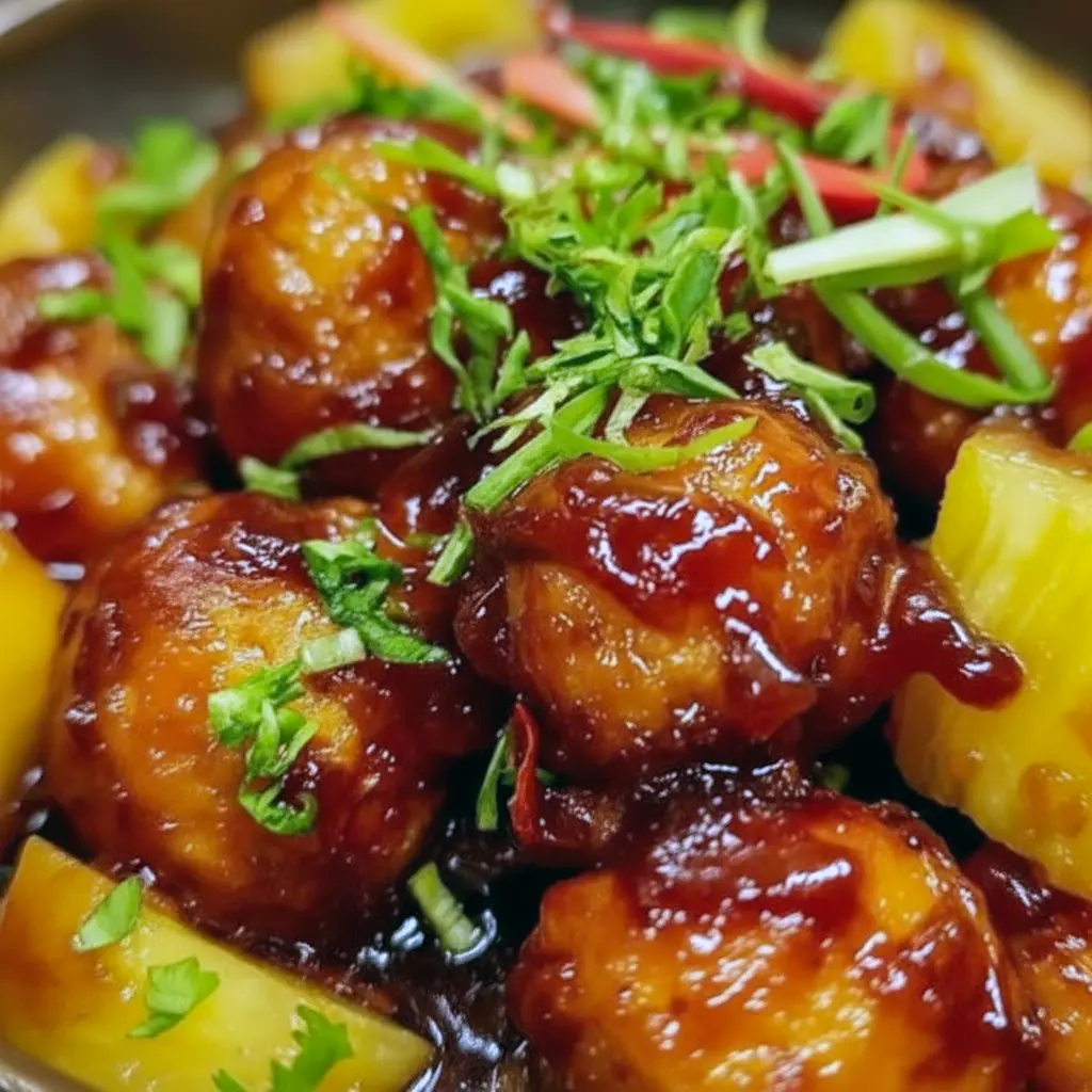 Plate of Pineapple Chicken glazed with brown-sugar sauce and pineapple chunks, garnished with green onions and served over rice.