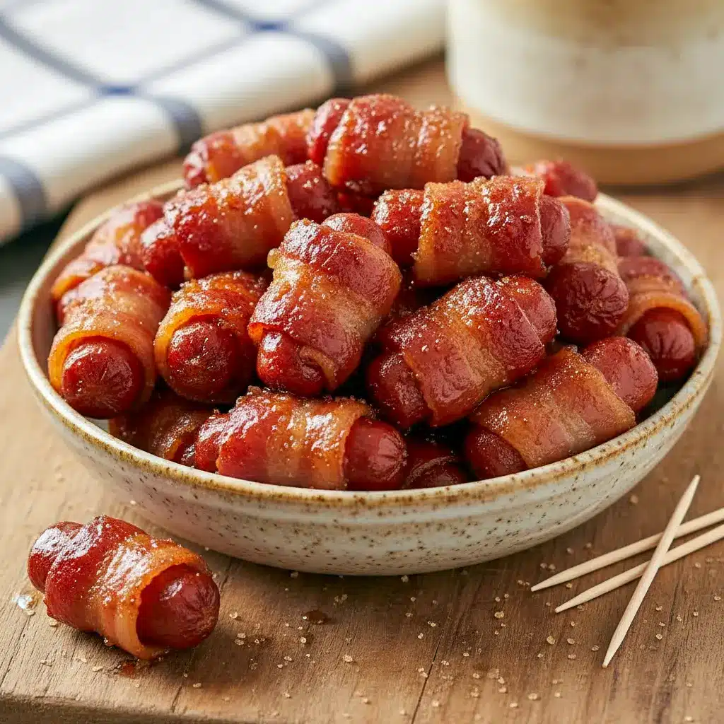 Smokies Recipe close-up: skewered bacon-wrapped little smokies glazed with brown sugar, piled on a platter next to a small bowl of Appetizer Dips.