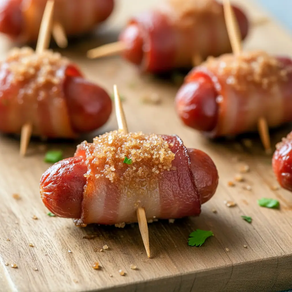 Smokies Recipe close-up: skewered bacon-wrapped little smokies glazed with brown sugar, piled on a platter next to a small bowl of Appetizer Dips.