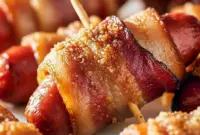 Smokies Recipe close-up: skewered bacon-wrapped little smokies glazed with brown sugar, piled on a platter next to a small bowl of Appetizer Dips.