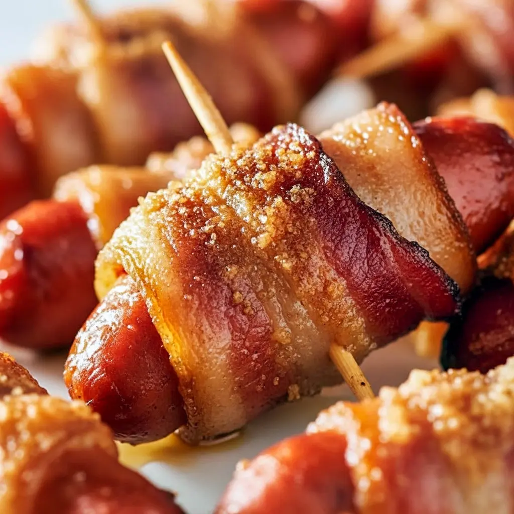 Smokies Recipe close-up: skewered bacon-wrapped little smokies glazed with brown sugar, piled on a platter next to a small bowl of Appetizer Dips.