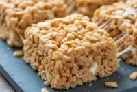 Close-up of two stacked Churro Rice Krispie bars, golden with cinnamon-sugar coating and gooey marshmallow pulls.