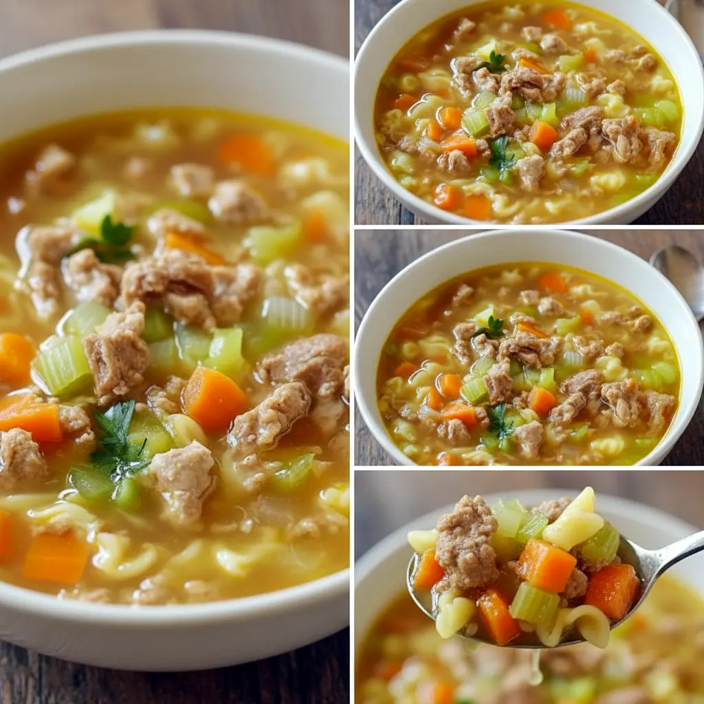 Close-up bowl of Homemade Soup Recipe egg roll soup showing pork, shredded cabbage, carrot ribbons, sliced green onions, and a halved boiled egg.