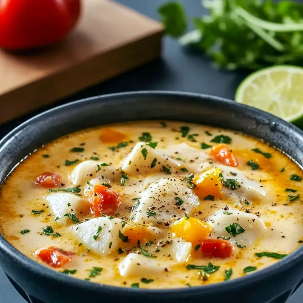 Fish Stew With Coconut Milk: creamy coconut broth with chunks of white fish, chopped cilantro, and a lime wedge, served in a shallow bowl.