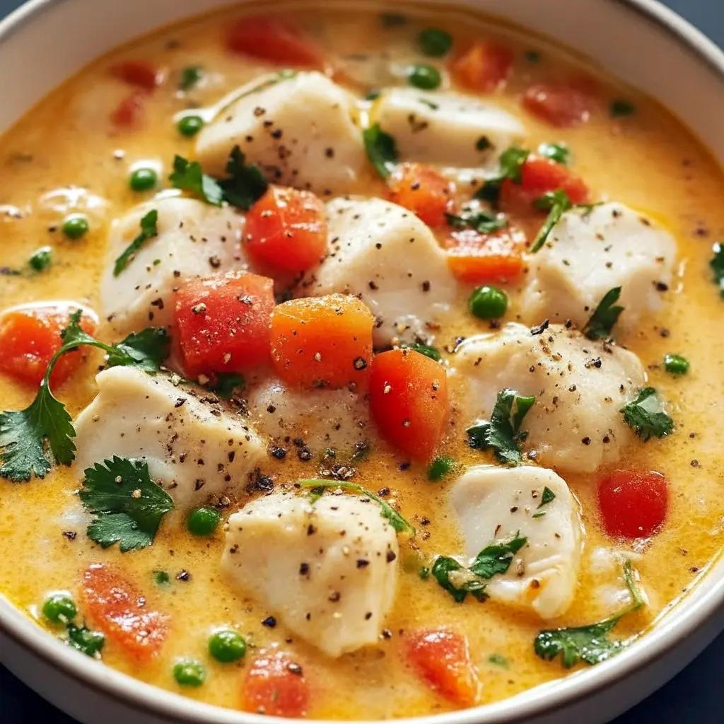 Fish Stew With Coconut Milk: creamy coconut broth with chunks of white fish, chopped cilantro, and a lime wedge, served in a shallow bowl.
