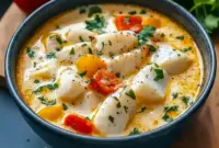 Fish Stew With Coconut Milk: creamy coconut broth with chunks of white fish, chopped cilantro, and a lime wedge, served in a shallow bowl.