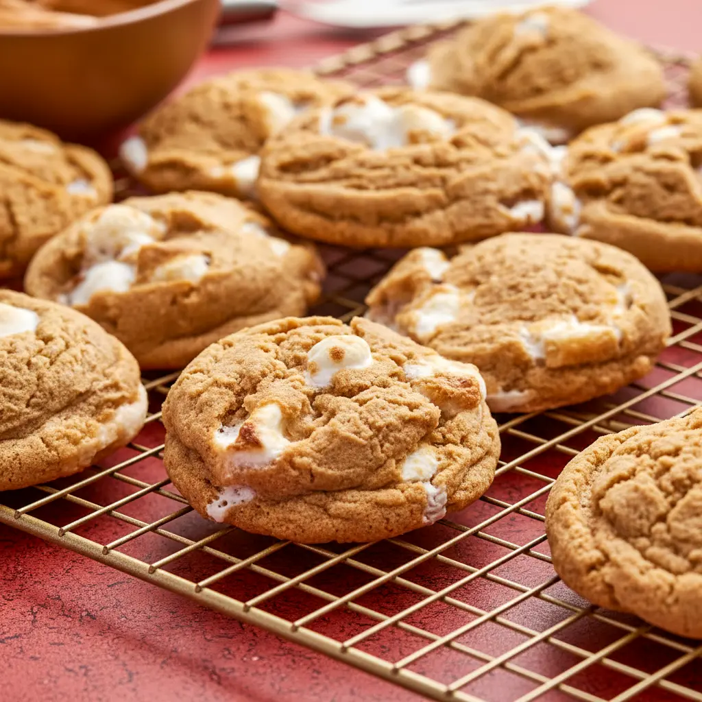 Close-up of a warm Peanut Butter Marshmallow Cookies cookie showing gooey marshmallow pockets and a tender, golden edge — a cozy Gluten Free Peanut Butter Dessert.