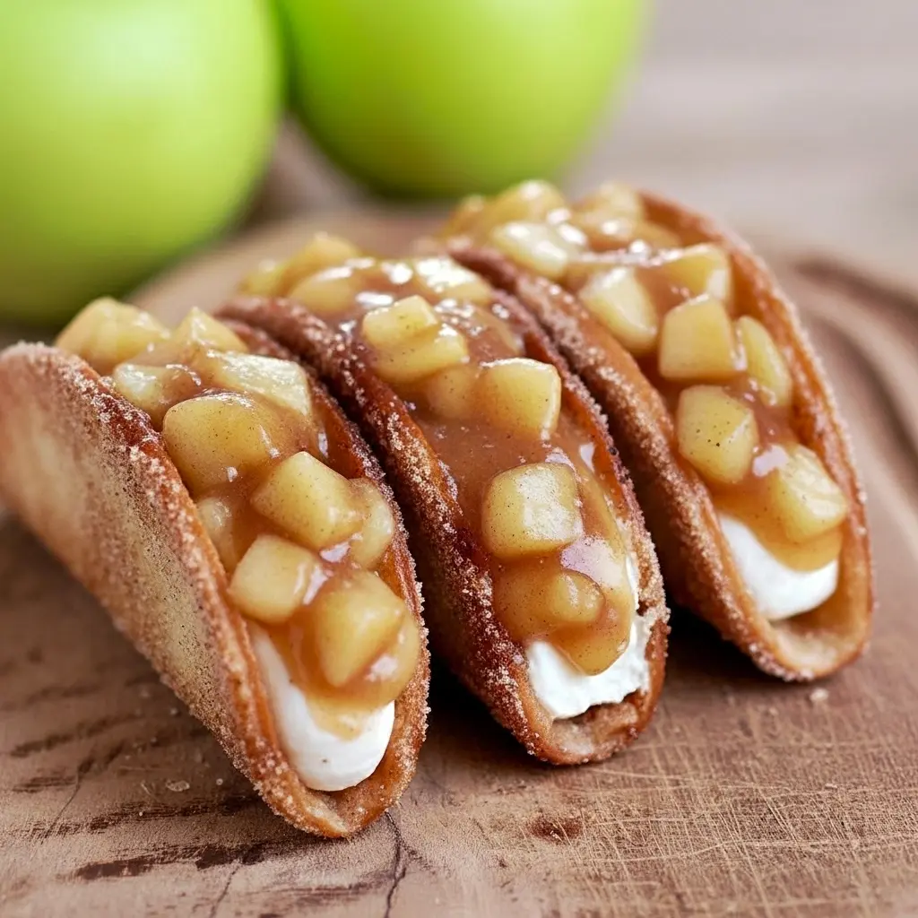 Homemade Apple Cheesecake Tacos: close-up of Cinnamon Sugar Tortillas shaped into taco shells, filled with creamy cheesecake and spiced apple topping, dusted with powdered sugar.