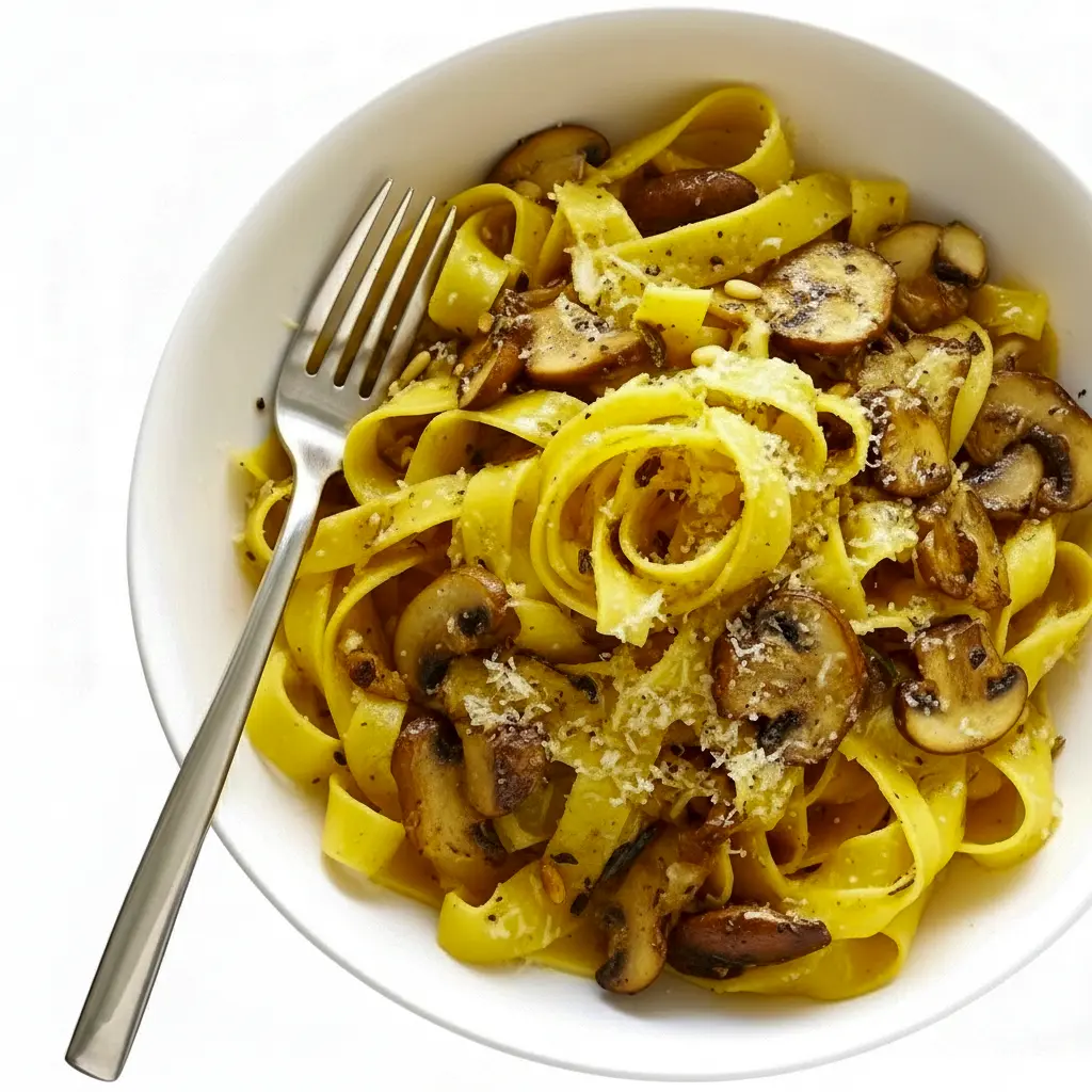 Close-up of a pappardelle bowl piled with golden, balsamic-glazed mushrooms and grated Parmesan — a hearty Mushroom Lovers Pasta shot highlighting a warm Vegetarian Pasta With Mushrooms serving.