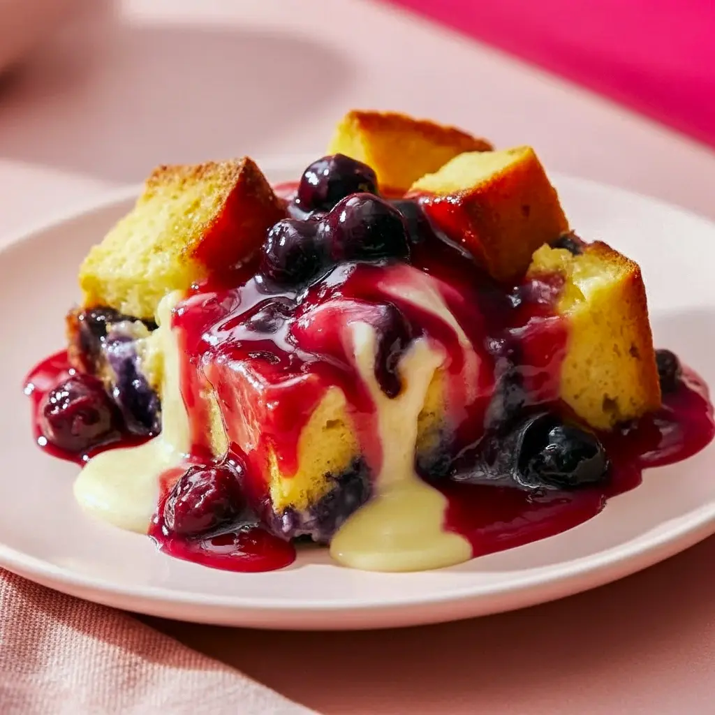 Close-up of a slice of Overnight Blueberry French Toast drizzled with glossy Blueberry Sauce, topped with fresh berries and a sprinkle of powdered sugar.