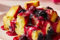 Close-up of a slice of Overnight Blueberry French Toast drizzled with glossy Blueberry Sauce, topped with fresh berries and a sprinkle of powdered sugar.