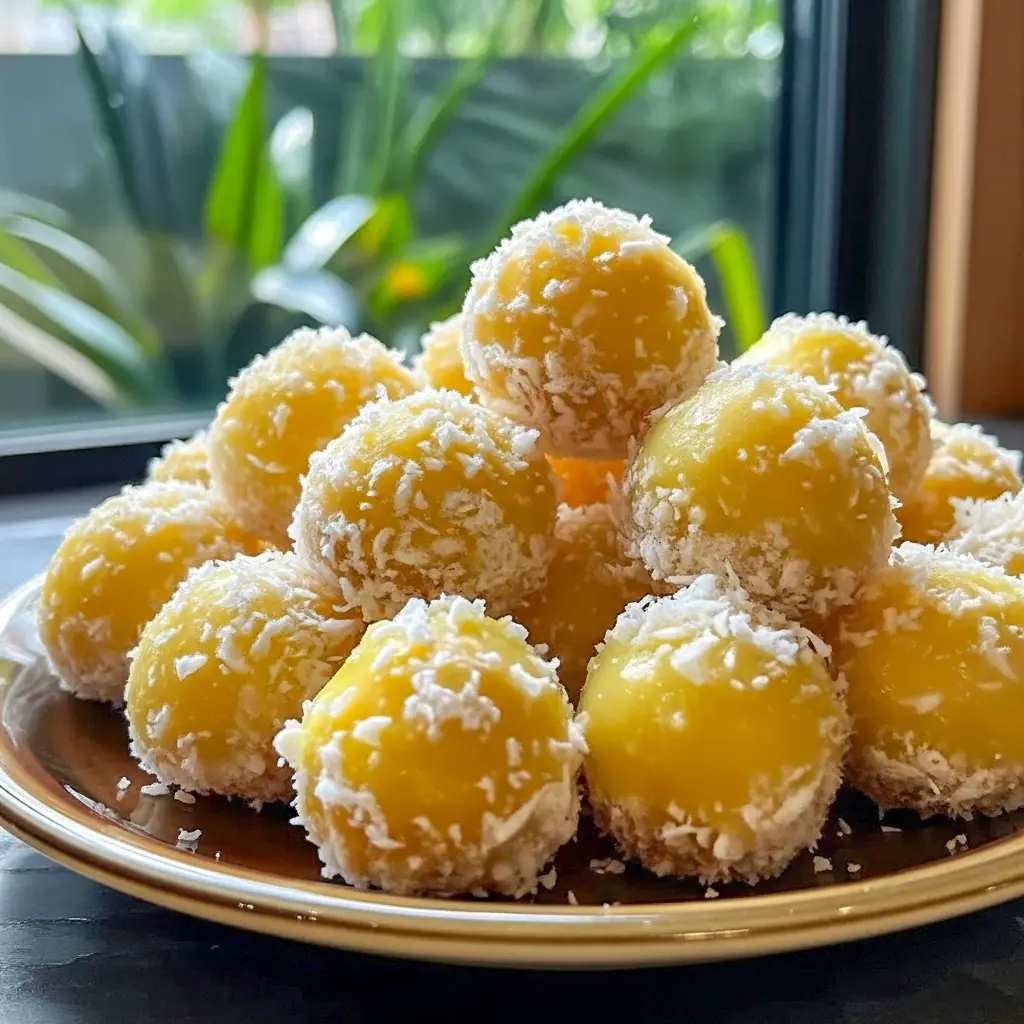 A platter of Pineapple Christmas Balls rolled in shredded coconut and arranged with festive greenery — a colorful Pineapple Recipes holiday treat ready to serve.