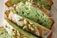Slice of Pistachio Pudding Bread with pale green crumb and crushed pistachio topping, presented on a wooden board — a soft Pistachio Bread ideal for brunch or dessert.