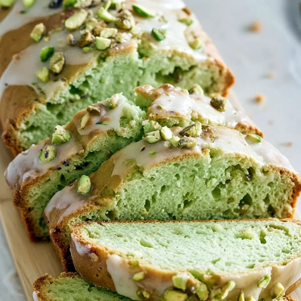 Slice of Pistachio Pudding Bread with pale green crumb and crushed pistachio topping, presented on a wooden board — a soft Pistachio Bread ideal for brunch or dessert.
