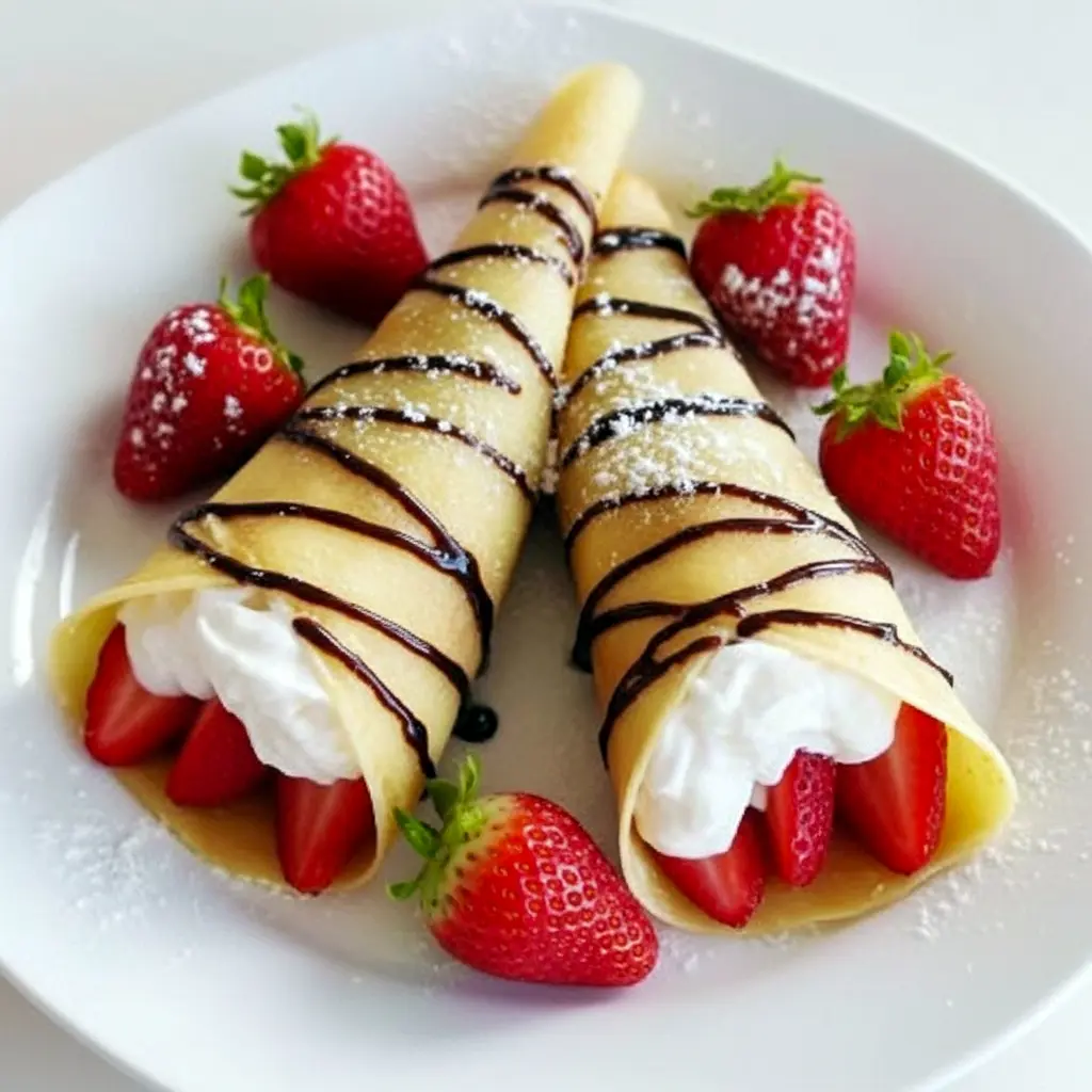 Close-up of stacked Sweet Crepes Recipe filled with sliced strawberries and whipped cream, drizzled with chocolate for a Strawberry Chocolate Crepes finish.