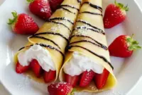 Close-up of stacked Sweet Crepes Recipe filled with sliced strawberries and whipped cream, drizzled with chocolate for a Strawberry Chocolate Crepes finish.