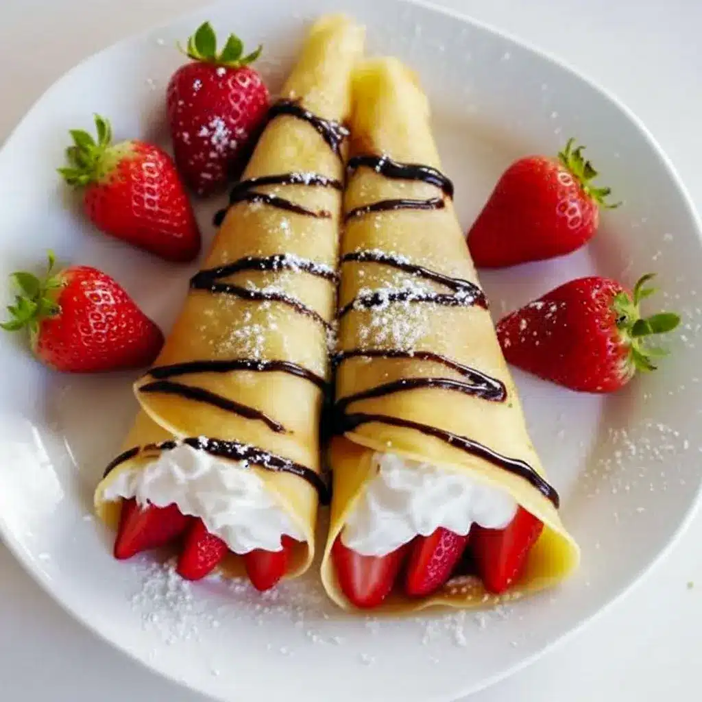 Close-up of stacked Sweet Crepes Recipe filled with sliced strawberries and whipped cream, drizzled with chocolate for a Strawberry Chocolate Crepes finish.