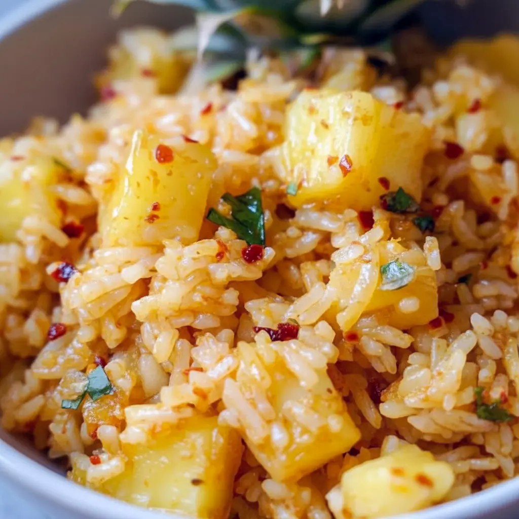 Pineapple Rice — close-up of coconut-scented rice studded with pineapple chunks, grated ginger, and green onions, served with a lime wedge.
