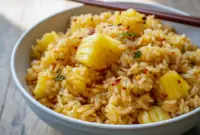 Pineapple Rice — close-up of coconut-scented rice studded with pineapple chunks, grated ginger, and green onions, served with a lime wedge.