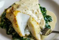 Close-up of Foil-Baked Chilean Sea Bass With Lemon Parmesan Cream Sauce on a white plate: golden, flaky fish over wilted garlic spinach, drizzled with creamy lemon-parmesan sauce and lemon zest.