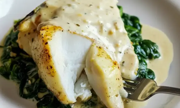 Close-up of Foil-Baked Chilean Sea Bass With Lemon Parmesan Cream Sauce on a white plate: golden, flaky fish over wilted garlic spinach, drizzled with creamy lemon-parmesan sauce and lemon zest.