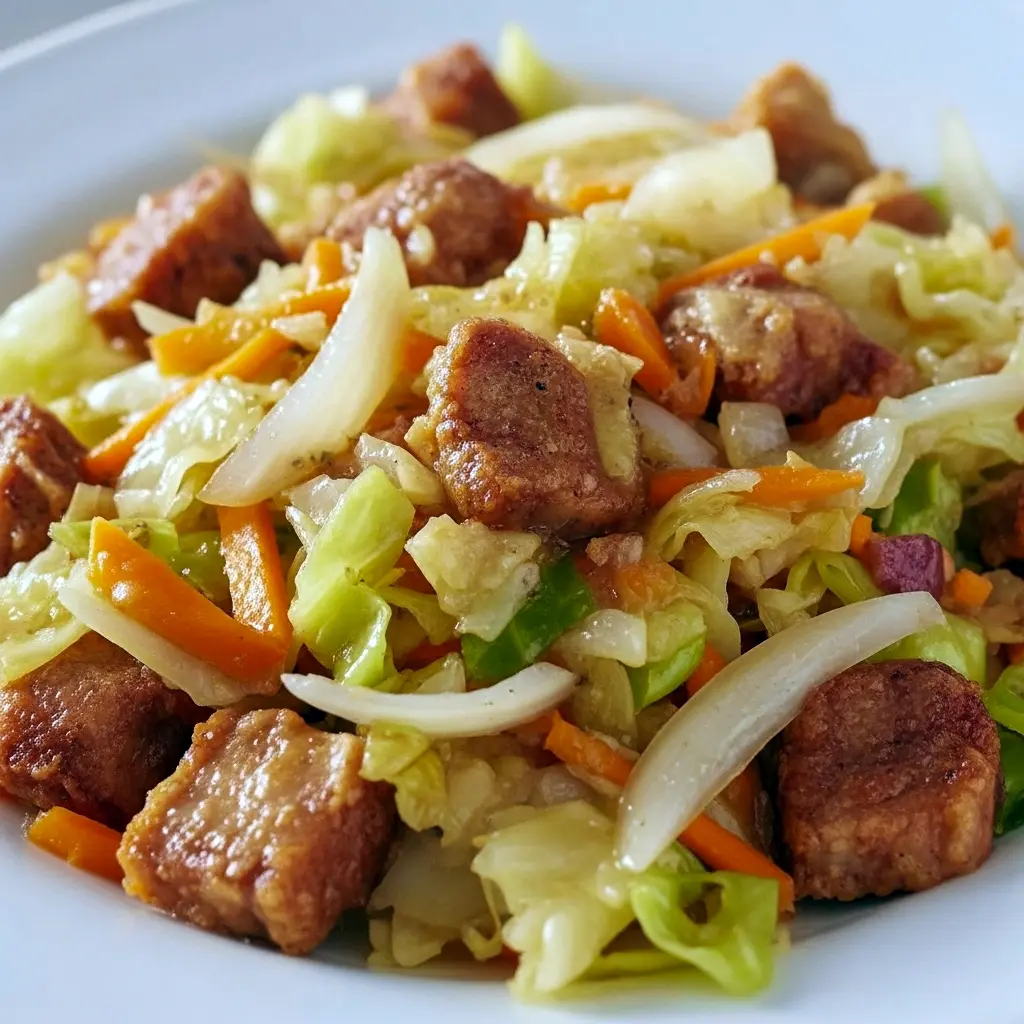 Skillet of Fried Cabbage with crispy bits of Bacon Fried Cabbage, golden onions, and garlic, styled in a rustic pan — a hearty Side Recipes idea.