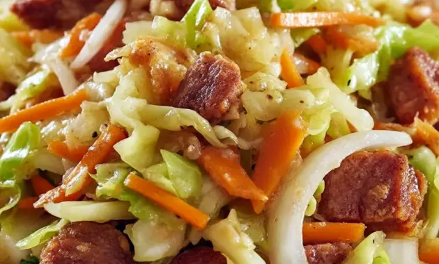 Skillet of Fried Cabbage with crispy bits of Bacon Fried Cabbage, golden onions, and garlic, styled in a rustic pan — a hearty Side Recipes idea.