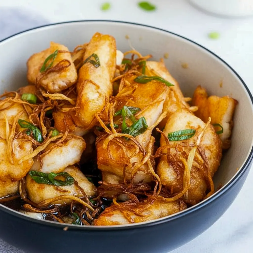 Close-up of golden pan-seared halibut glazed with soy-ginger sauce, topped with crispy ginger strips and scallions — an Asian Fish Dish Recipe and easy Asian Fish Dishes weeknight meal.
