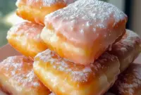 Close-up of a glazed Buttermilk Beignet square on a wire rack, showing shiny vanilla glaze and tender, golden interior.