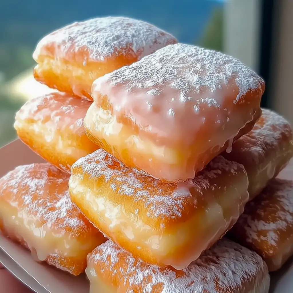 Close-up of a glazed Buttermilk Beignet square on a wire rack, showing shiny vanilla glaze and tender, golden interior.