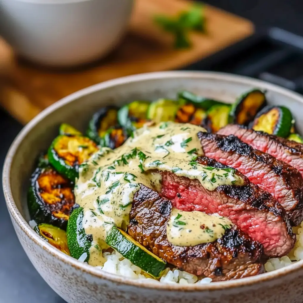 Bowl with sliced grilled steak, charred zucchini, rice, and creamy herb sauce — a Unique Meal Prep bowl that also works as a Healthy Whole Foods Recipe.