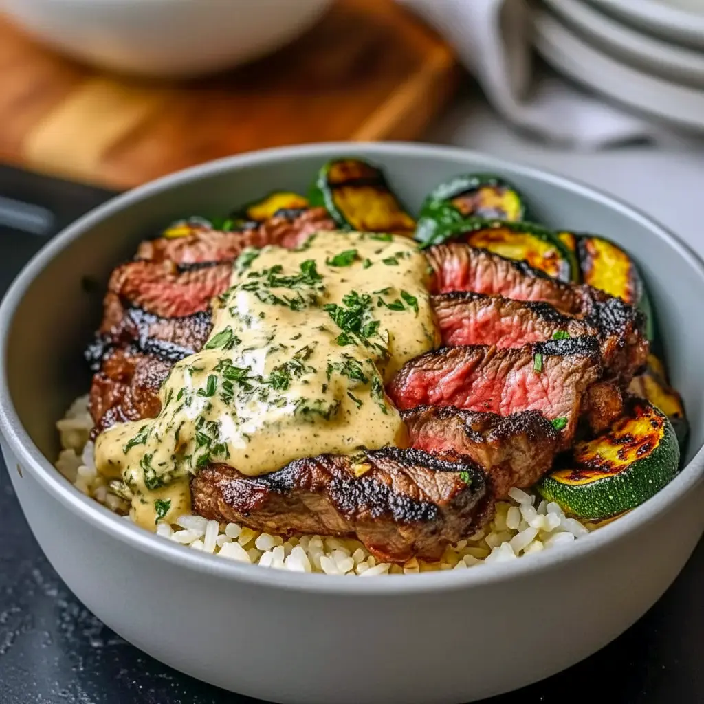 Bowl with sliced grilled steak, charred zucchini, rice, and creamy herb sauce — a Unique Meal Prep bowl that also works as a Healthy Whole Foods Recipe.