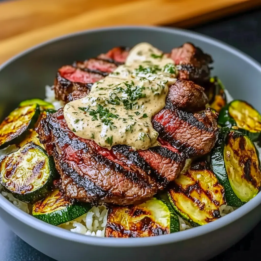 Bowl with sliced grilled steak, charred zucchini, rice, and creamy herb sauce — a Unique Meal Prep bowl that also works as a Healthy Whole Foods Recipe.
