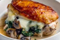 Sliced Stuffed Chicken Breast showing mushroom, spinach, and gooey cheese filling on a plate with greens — close-up, golden-baked.
