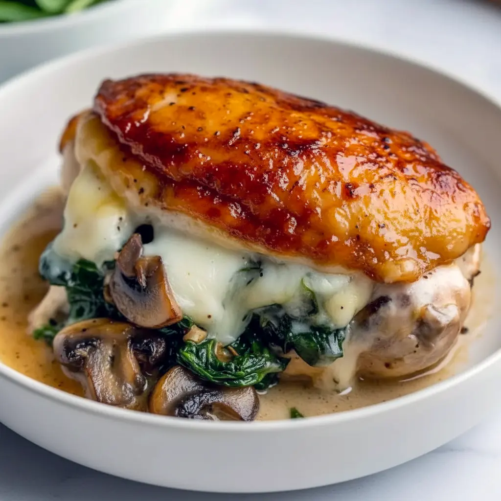 Sliced Stuffed Chicken Breast showing mushroom, spinach, and gooey cheese filling on a plate with greens — close-up, golden-baked.