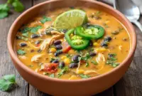 Steaming bowl of Black Bean Soup with shredded chicken, roasted poblano, corn, and cilantro — a simple, cozy Easy Soup Recipe.
