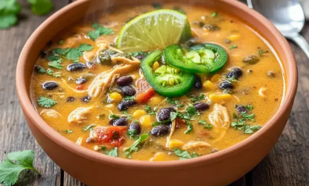 Steaming bowl of Black Bean Soup with shredded chicken, roasted poblano, corn, and cilantro — a simple, cozy Easy Soup Recipe.
