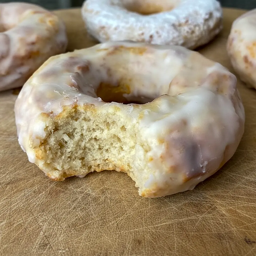 Golden, glazed Donuts stacked on a plate — close-up of a Protein Air Fryer Donut from an Easy Protein Donut Recipe guide, ready to bite into.