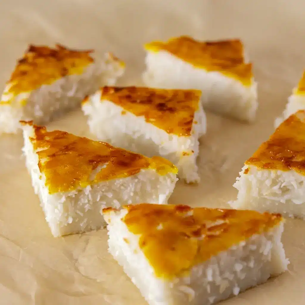 Close-up of a golden Sticky Coconut Cake square with sticky shredded coconut and a toasted crust — a classic Indonesian Dessert Recipes snack.