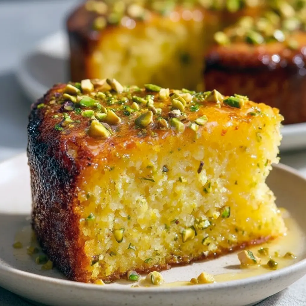 A slice of Lemon Pistachio Cake with lemon glaze and chopped pistachios — an easy Gluten Free Cake Almond Flour Recipe.