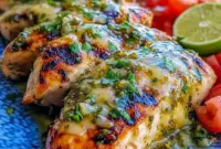 Chicken Main Dishes — grilled salsa-verde pepper-jack chicken with melted cheese, charred grill marks, cilantro garnish, and lime wedges; a perfect entry for Chicken Dinner Recipes.