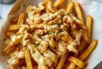Platter of crispy fries smothered in Wingstop Cheese Sauce, topped with melted white cheddar and chopped green onions.