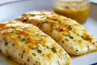 Orange Halibut Recipes — grilled halibut fillet brushed with glossy orange-Dijon glaze, garnished with basil and lemon, ready as a simple Grilled Halibut Dinner.