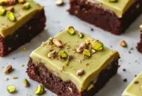 Close-up slice of Pistachio Brownies showing a glossy pistachio ganache, chopped pistachios, and a crackly brownie top.