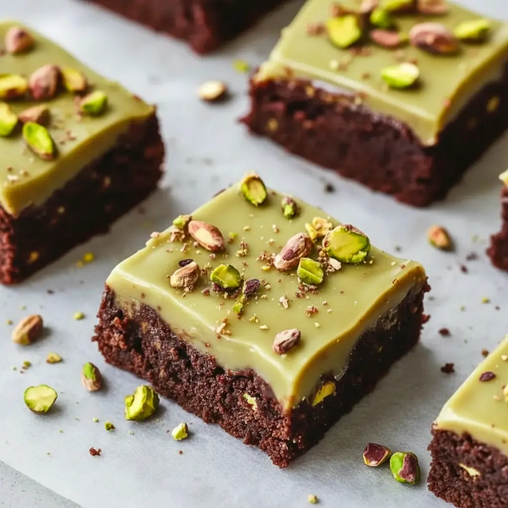 Close-up slice of Pistachio Brownies showing a glossy pistachio ganache, chopped pistachios, and a crackly brownie top.