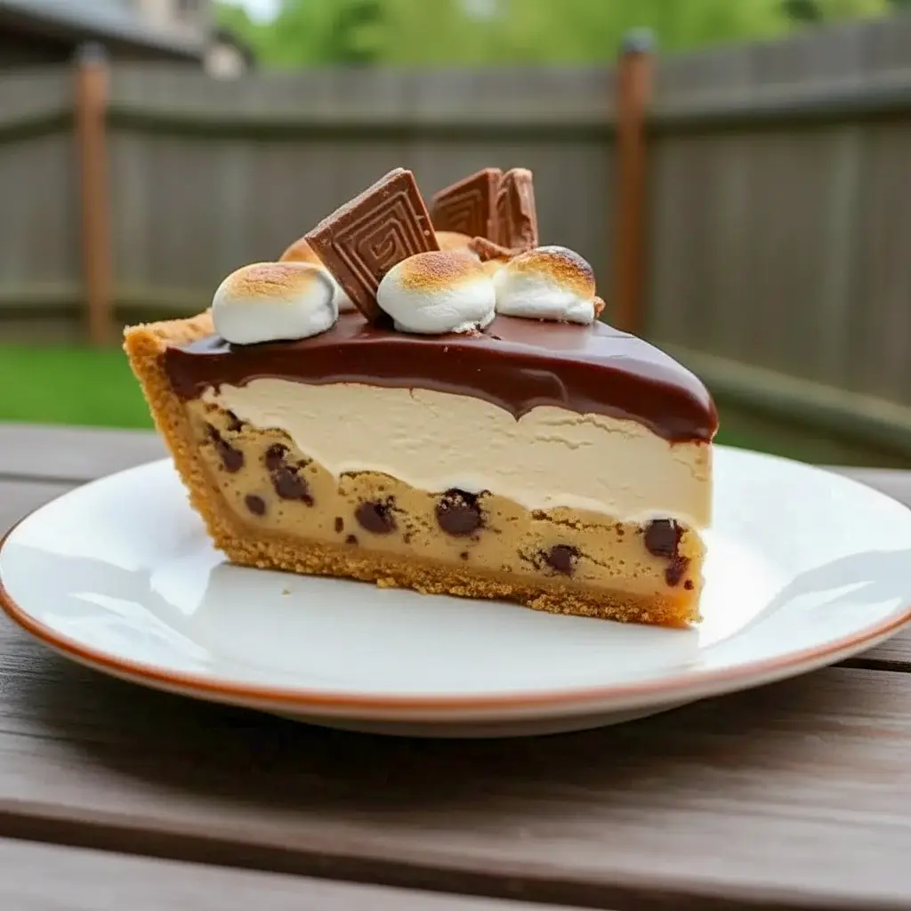 Slice of S’mores Cookie Dough Pie with golden toasted marshmallows, gooey chocolate pockets, and a crisp Dessert Pies crust — perfect inspo for Cookie Pie Recipes.
