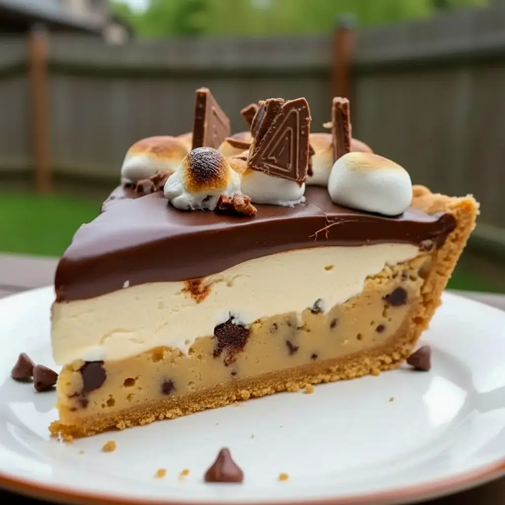 Slice of S’mores Cookie Dough Pie with golden toasted marshmallows, gooey chocolate pockets, and a crisp Dessert Pies crust — perfect inspo for Cookie Pie Recipes.