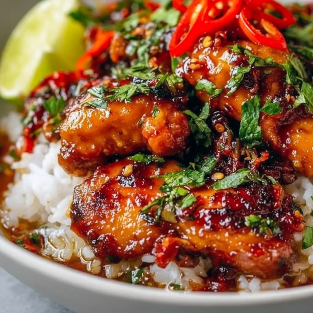 Glazed Thai Sweet Chili Chicken on rice, topped with sliced green onions and lime — an easy Thai Main Dish pressure-cooker dinner.