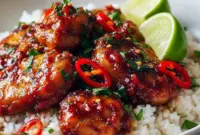 Glazed Thai Sweet Chili Chicken on rice, topped with sliced green onions and lime — an easy Thai Main Dish pressure-cooker dinner.